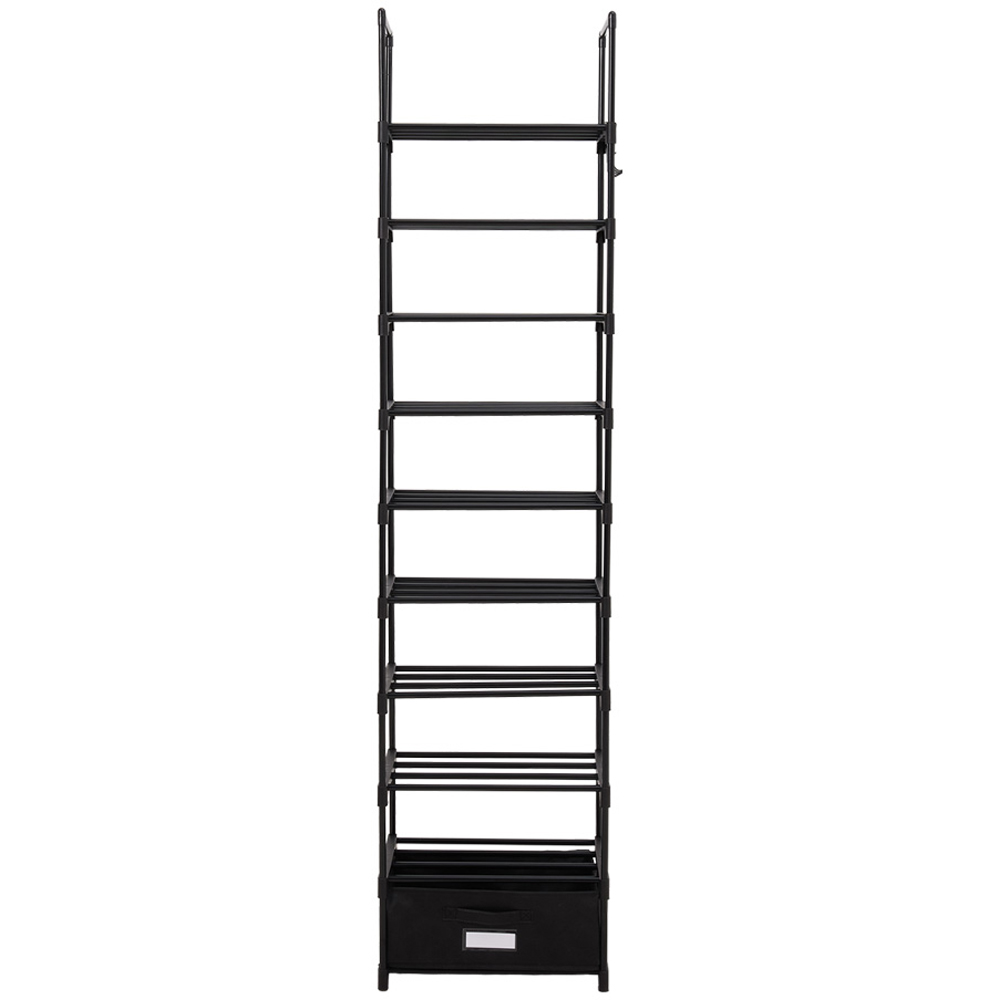 H&O Direct 10 Shelf Black Metal Shoe Rack with Hooks and Storage Box Image 2