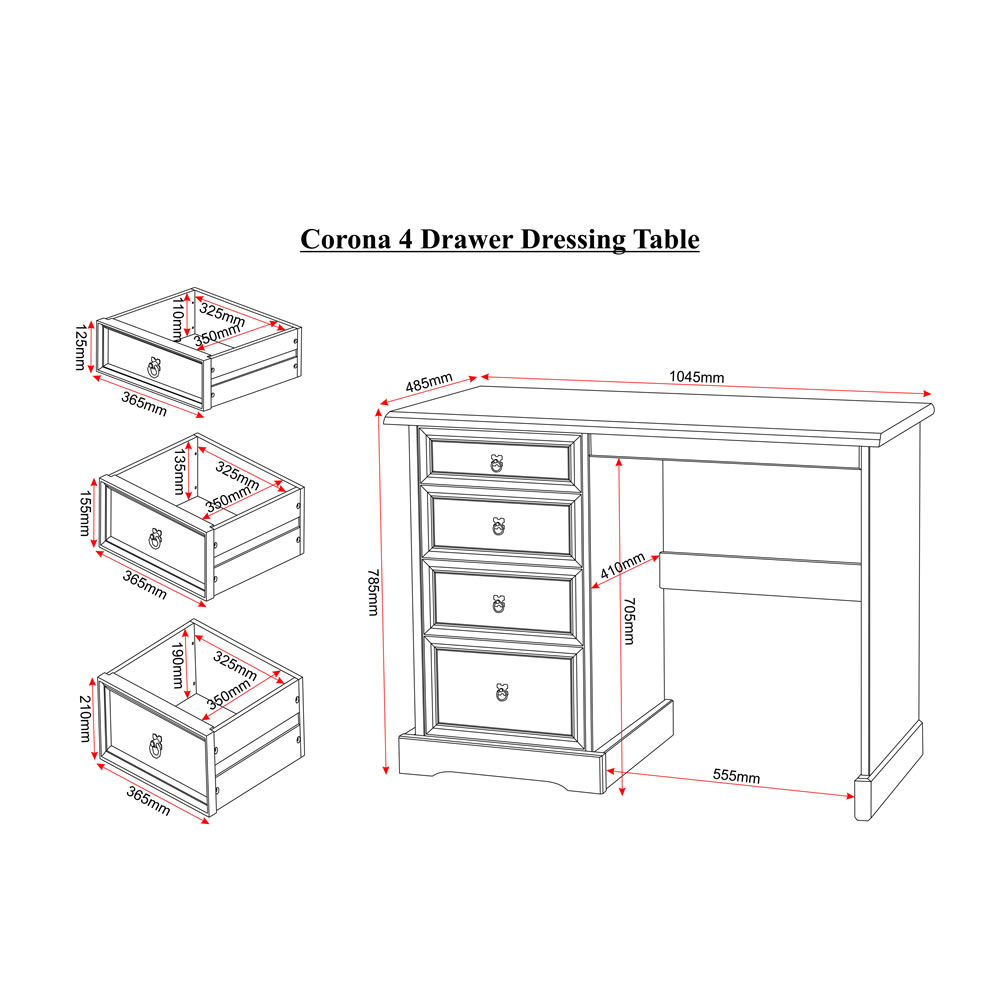 Corona 4 Drawer Solid Pine Dressing Table Image 2