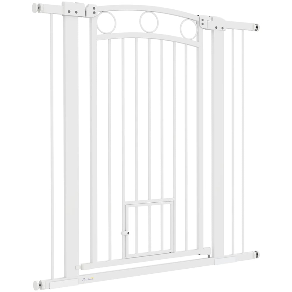 PawHut 76-104cm White Adjustable Stair Gate with Cat Door Image 1