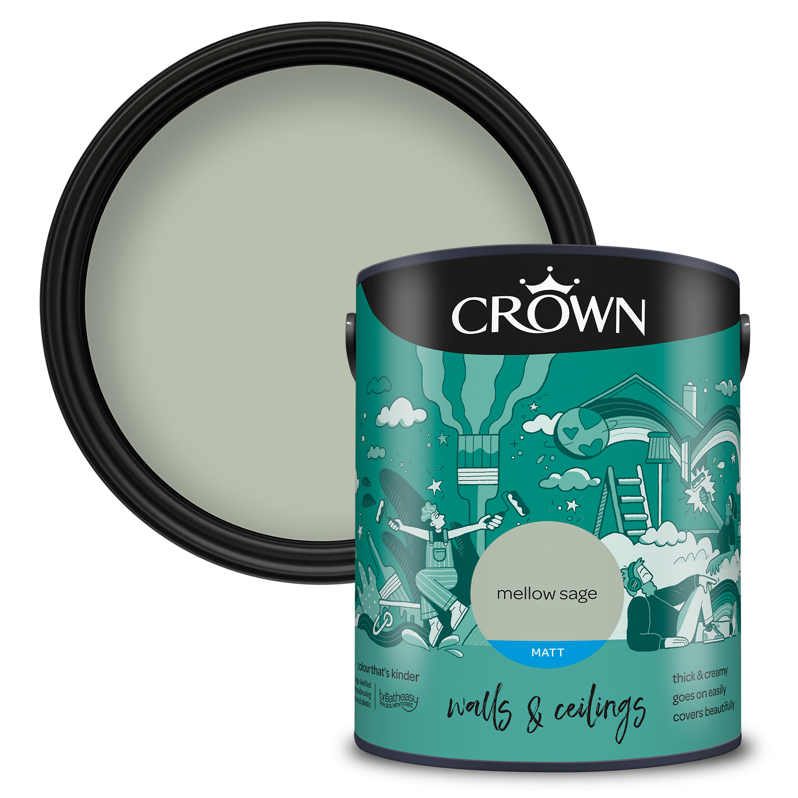 Crown Breatheasy Walls & Ceilings Mellow Sage Matt Emulsion Paint 5L Image 1