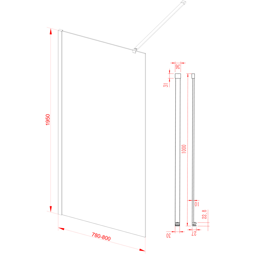 Bathstore Nero Fluted Glass Wetroom Shower Panel with Chrome Profile and Front Arm 800mm Image 5