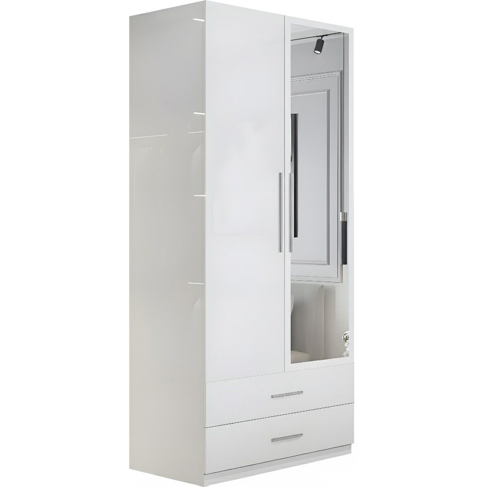 M N Furniture Glossera 2 Door 2 Drawer White High Gloss Mirrored Wardrobe 80cm Image 2
