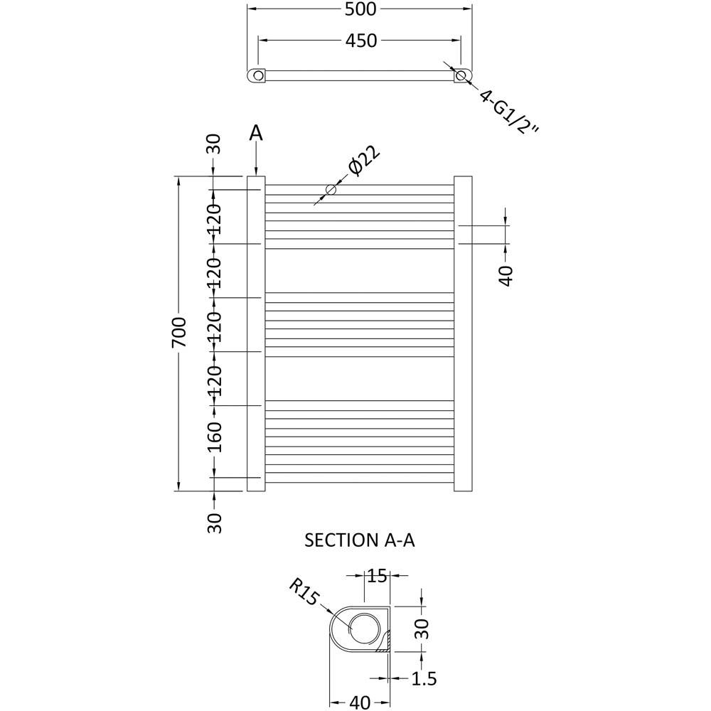 nuie Anthracite Straight Ladder Rail 700 x 500mm Image 2