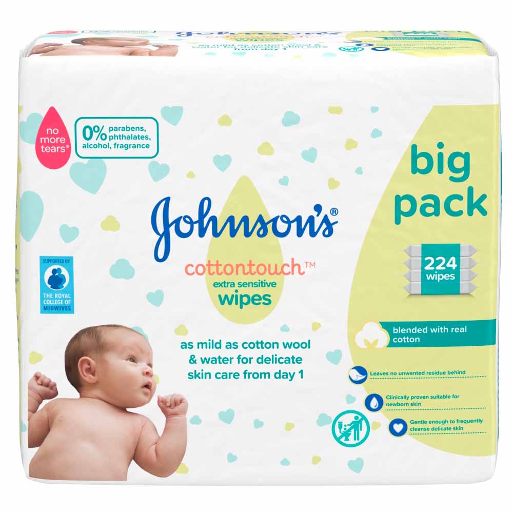 Johnson's Extra Sensitive Fragrance Free Baby Wipes 4 pack Image 1