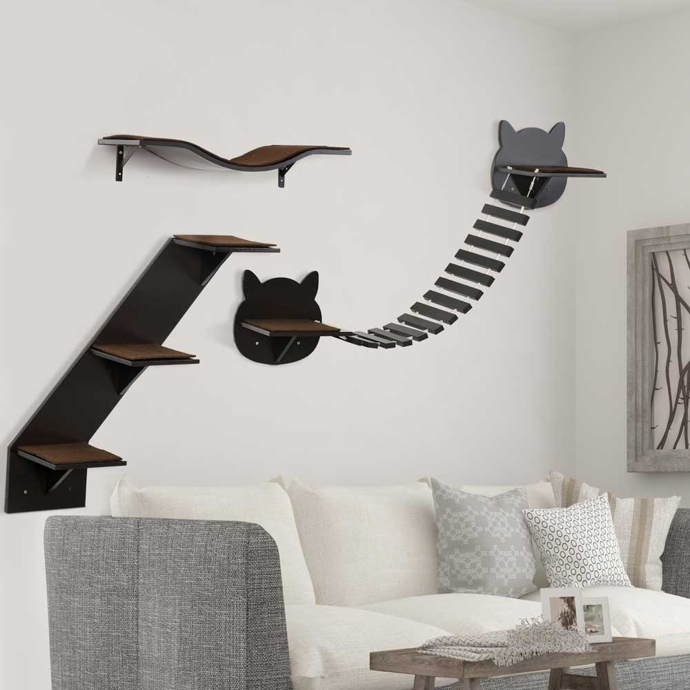 PawHut 3 PCs Wall Mounted Cat Tree Cat Shelves Climbing Shelf Set - Brown Image 2
