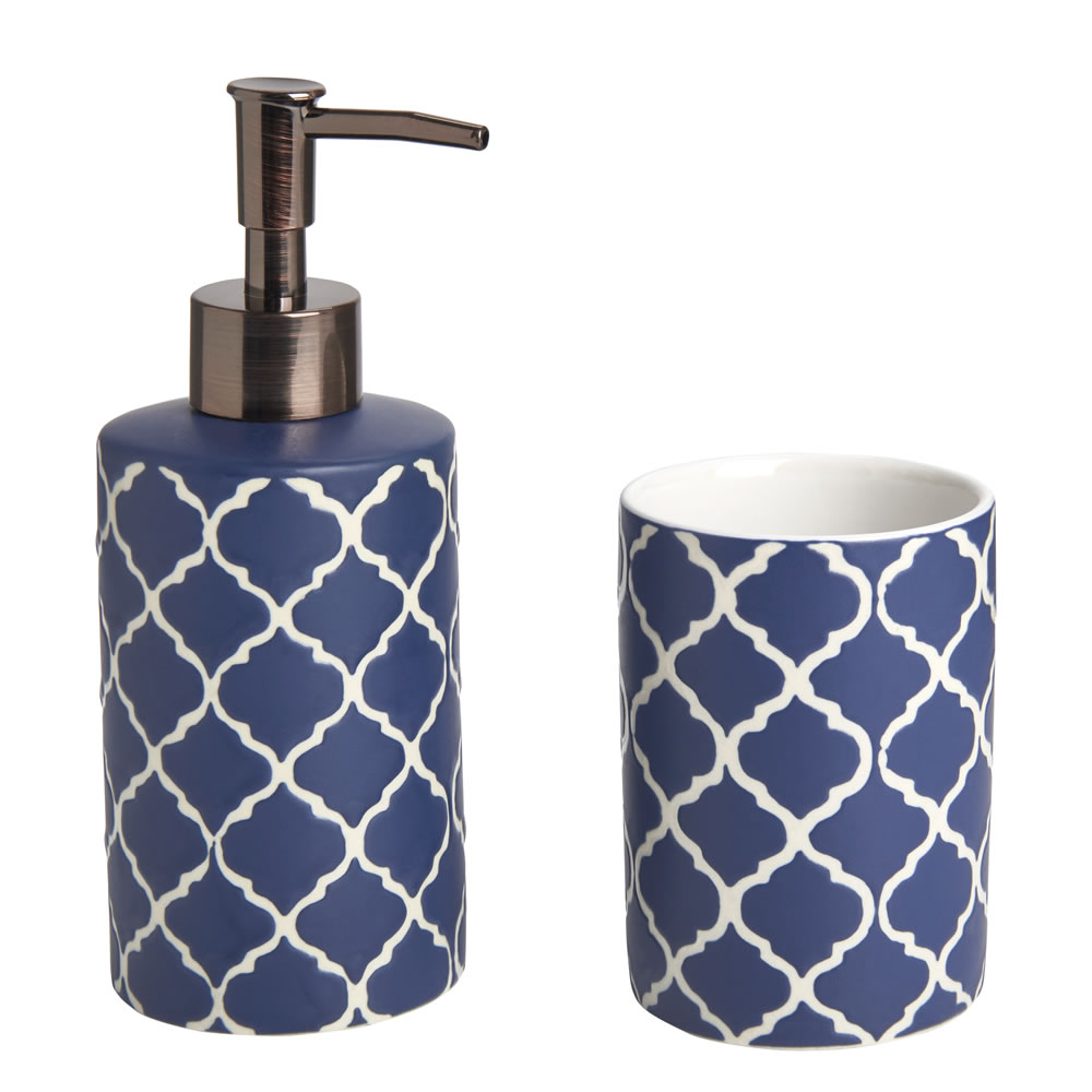 Wilko Fusion Blue and White Soap Dispenser and Tumbler Set Image 1