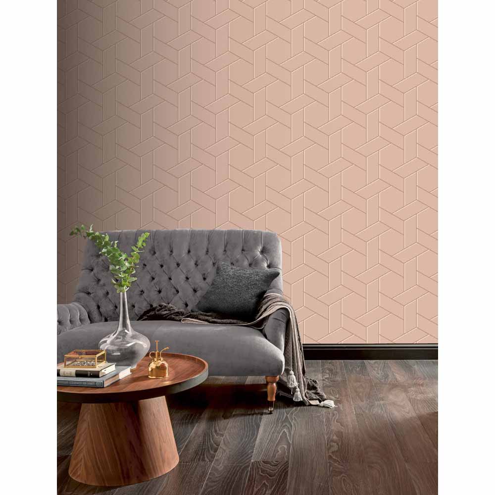 Arthouse Parquet Geo Metallic Pink/Rose Wallpaper Wilko
