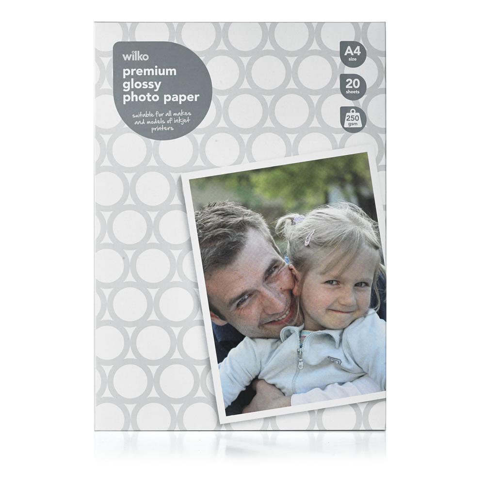Wilko A4 Premium Glossy Photo Paper 20 Sheets Our premium high gloss heavyweight A4 photo paper will produce exceptional quality photos to capture your special moments. The premium 250gsm paper gives you professional quality photo reproduction with a realistic photo feel. It's ideal for framing and displaying high quality enlargements and suitable for printing photos direct from your digital camera, digital media (CDs or memory cards), or high resolution images from the internet.  Includes 20 sheets and print guidelines. Wilko A4 Premium Glossy Photo Paper 20 Sheets