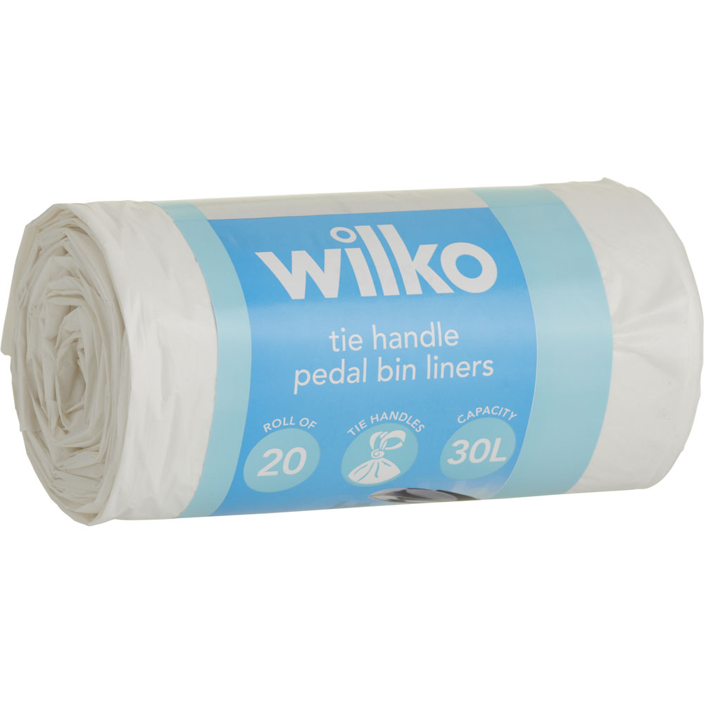 Wilko Tie Handle Pedal Bin Liners Plastic White 30L 20 Pack Image 1