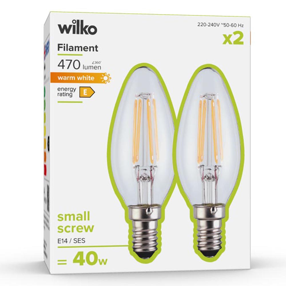 Wilko 2 pack Small Screw E14/SES 470lm LED Filament Candle Light Bulb Non Dimmable Image 1