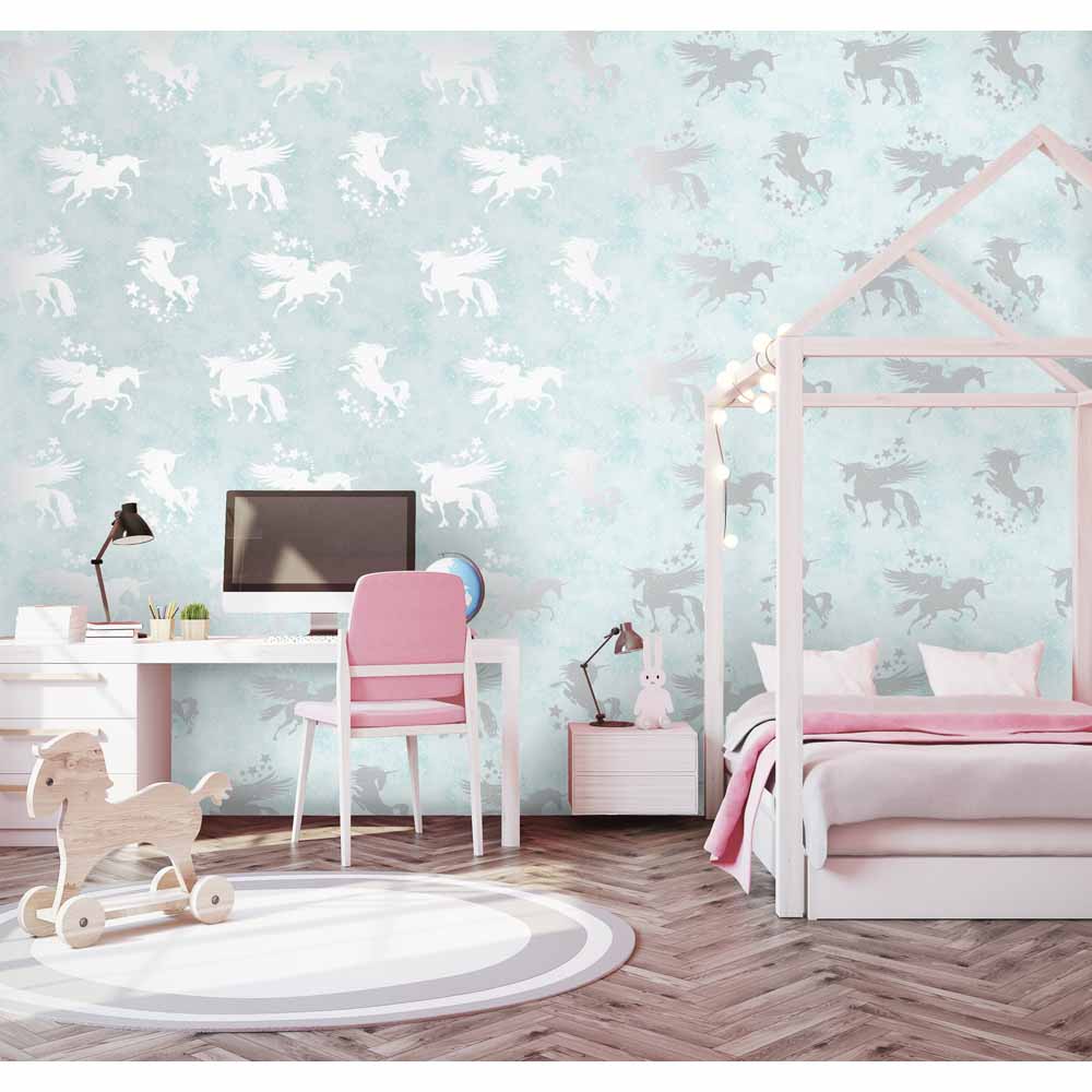 Iridescent Unicorns Teal and Silver Wallpaper Image 2