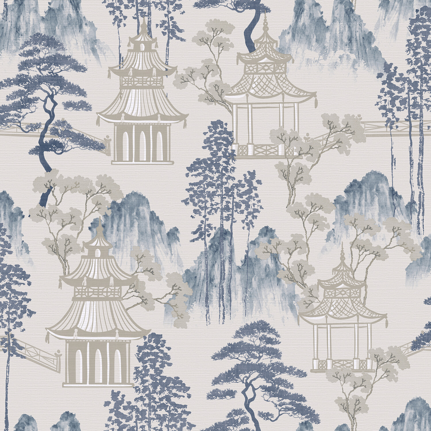 Japanese Pagoda Wallpaper - Blue and Grey Image 1