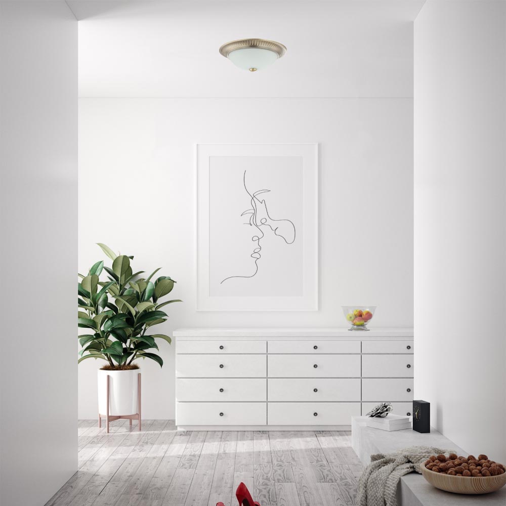 Happy Homewares Traditional Antique Brass Flush Ceiling Light with White Glass Diffuser Image 2