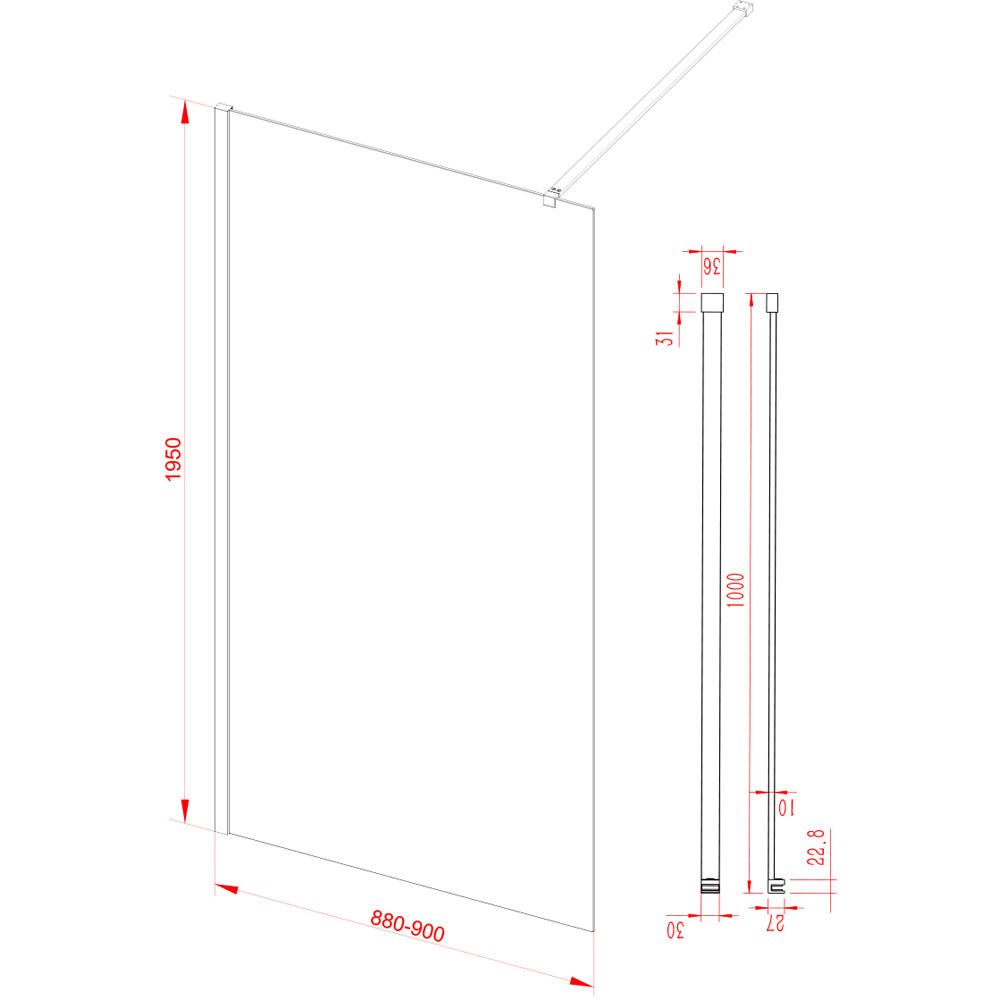 Bathstore Nero Fluted Glass Wetroom Shower Panel with Chrome Profile and Front Arm 900mm Image 5