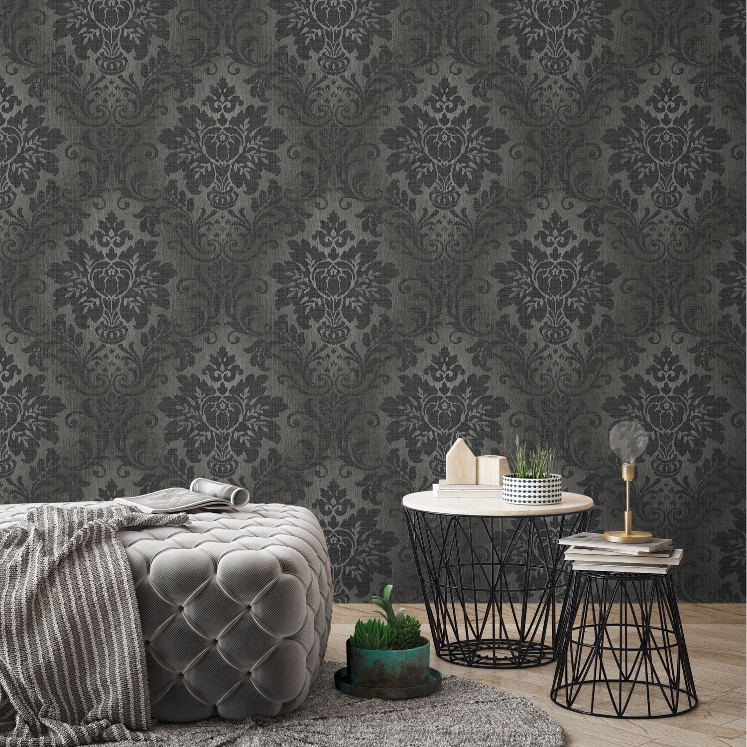 Grandeco Fabric Damask Wallpaper - Charcoal Image 2
