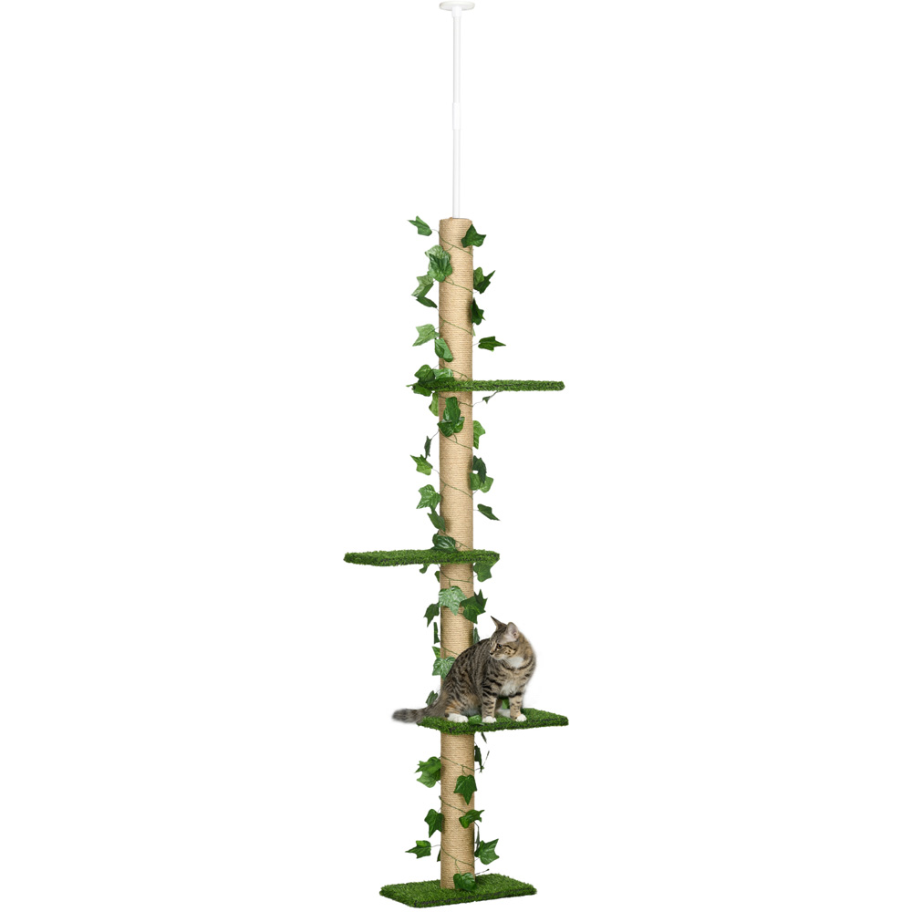 PawHut 242cm Green Adjustable Floor-To-Ceiling Cat Tower Image 1