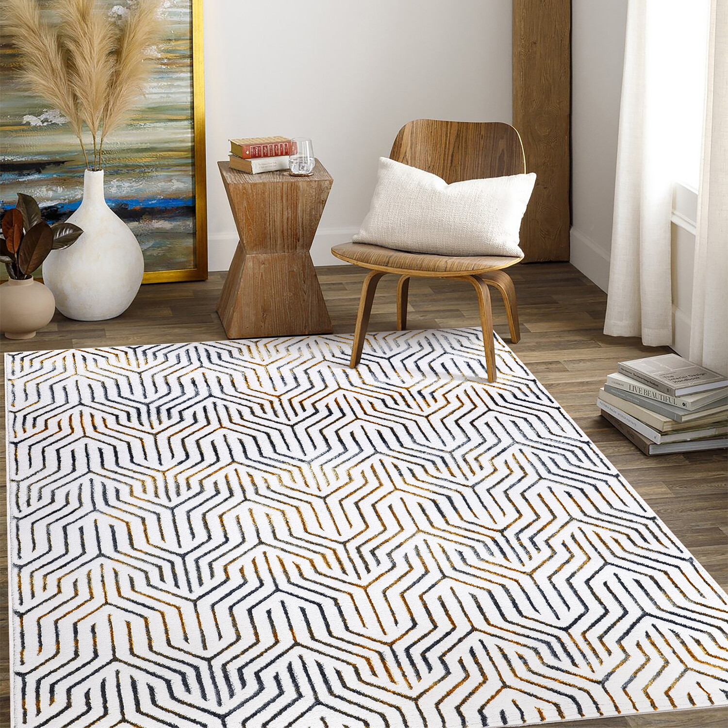 Sunset Modern Geo Strips Rug - Grey and Gold Image 2