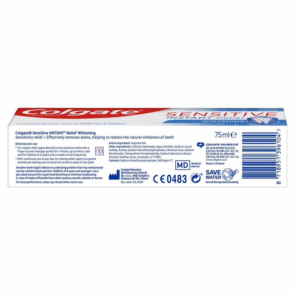 Colgate Sensitive Instant Relief Whitening Toothpaste 75ml Image 3