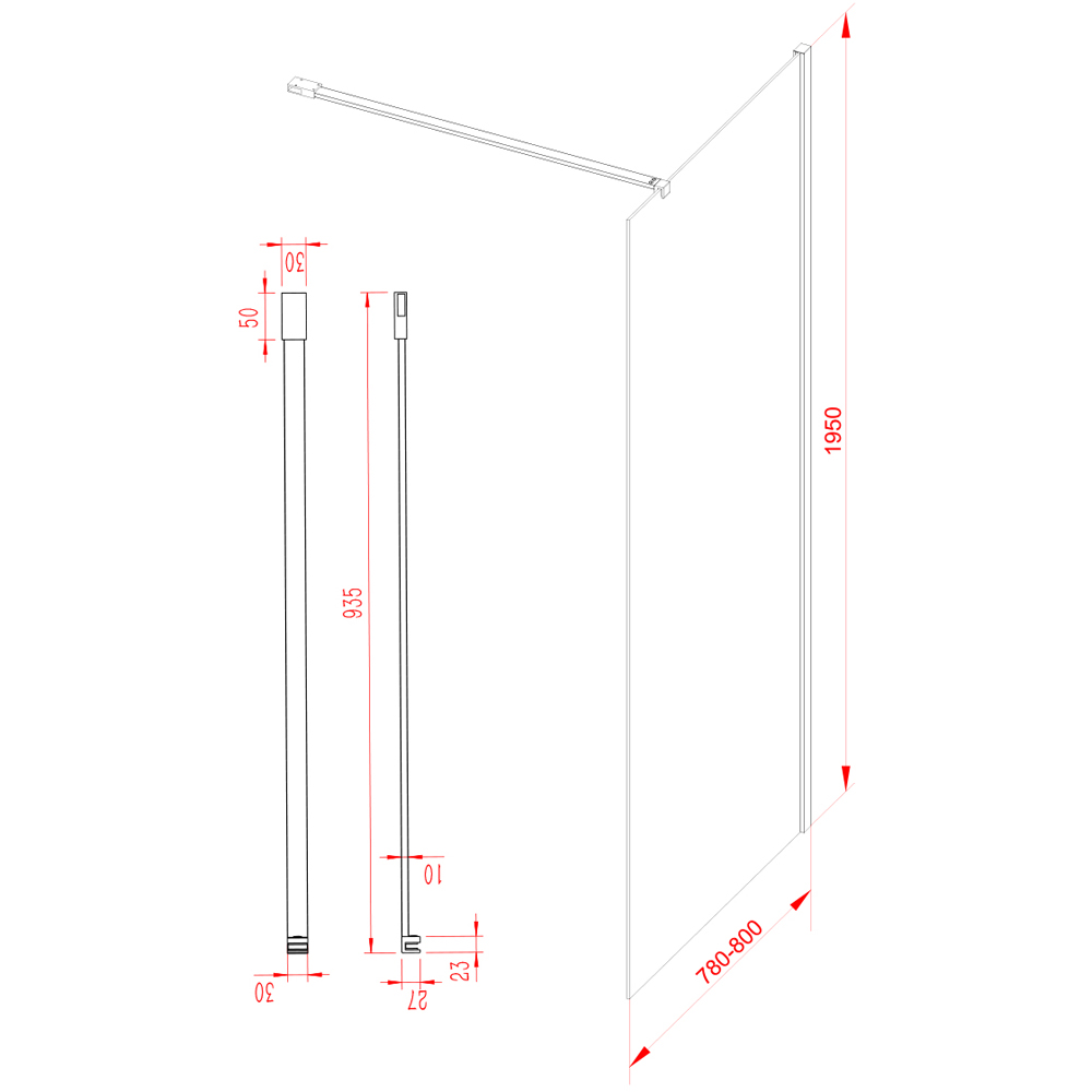 Bathstore Nero Fluted Glass Wetroom Shower Panel with Chrome Profile and Side Arm 800mm Image 5