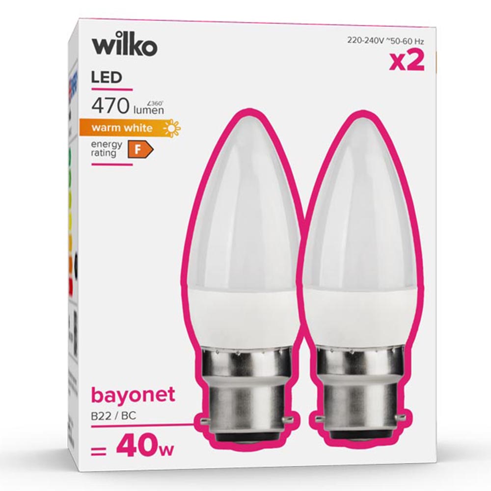 Wilko 2 pack Bayonet B22/BC 470lm LED Candle Light Non Dimmable Image 1