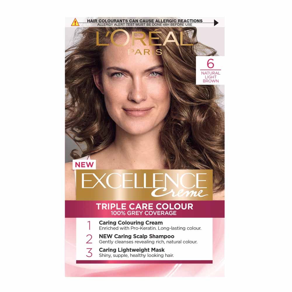 L'Oreal Paris Excellence Creme 6 Natural Light Brown Permanent Hair Dye  - wilko L'Oreal Paris Excellence Creme provides an advanced triple care creme colour enriched with 3 ingredients. Pro-Keratin revitalises colour and hair feels stronger. Enriched with Ceramide, hair feels smoother and protected whilst collagen leaves hair feeling replenished. Enjoy 85% less breakage from brushing, 100% grey coverage and silky softness with a rich, long-lasting colour. The non-drip crème is so easy to work through your hair. Pack contains: 1 Protective Serum 12 ml, 1 Crème Developer 72 ml, 1 Crème Colourant 48 ml, 1 Comb Applicator, 1 Conditioning Balm 44 ml, 1 Instruction Leaflet and 1 Pair of Professional Quality Gloves. Shade: 6 Natural Light Brown Warning:Hair colourants can cause severe allergic reactions. Always conduct an allergy test 48 hours before use. Keep out of reach of children. Read instructions fully before use.