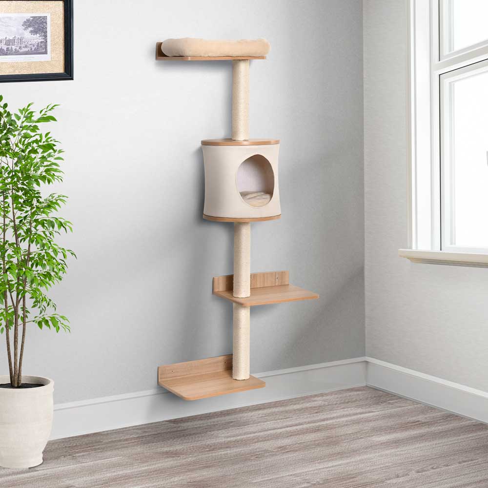 PawHut Wall-Mounted Cat Tree Shelter w/ Cat House, Bed, Scratching Post - Beige Image 2