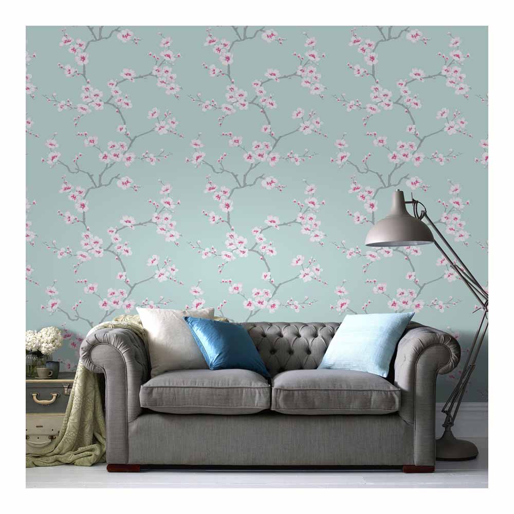 Fresco Apple Blossom Teal and Pink Wallpaper Image 2