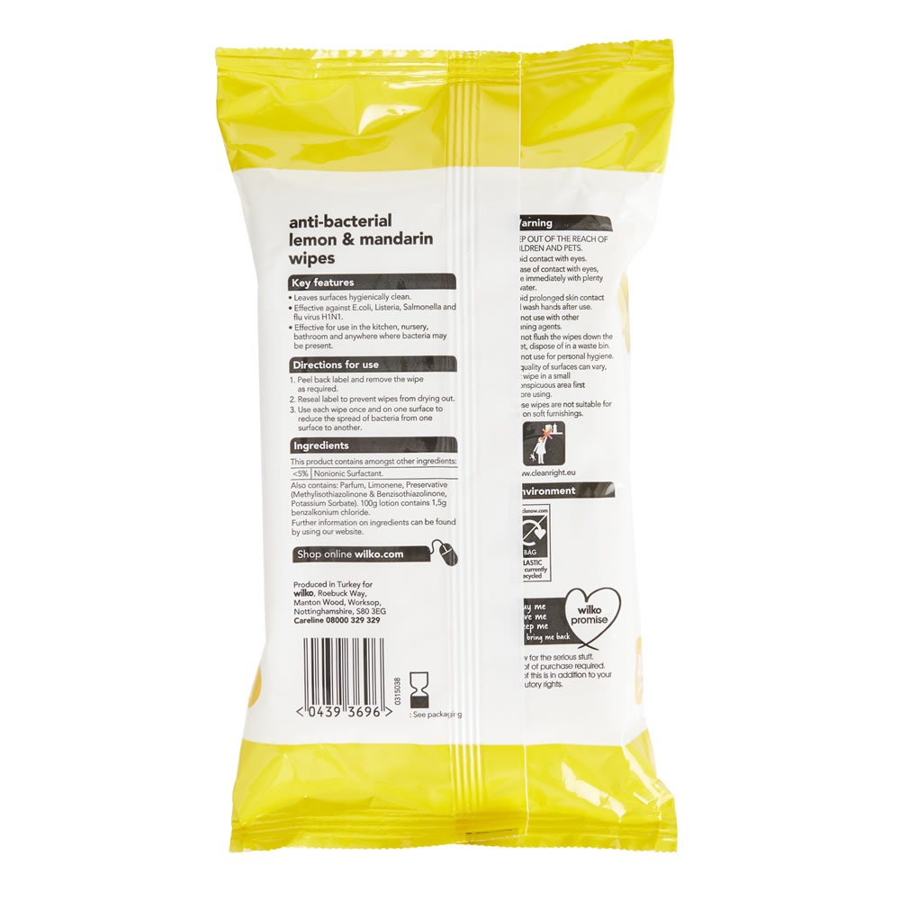 Wilko Lemon and Mandarin Antibacterial Wipes 40 pack Image 2