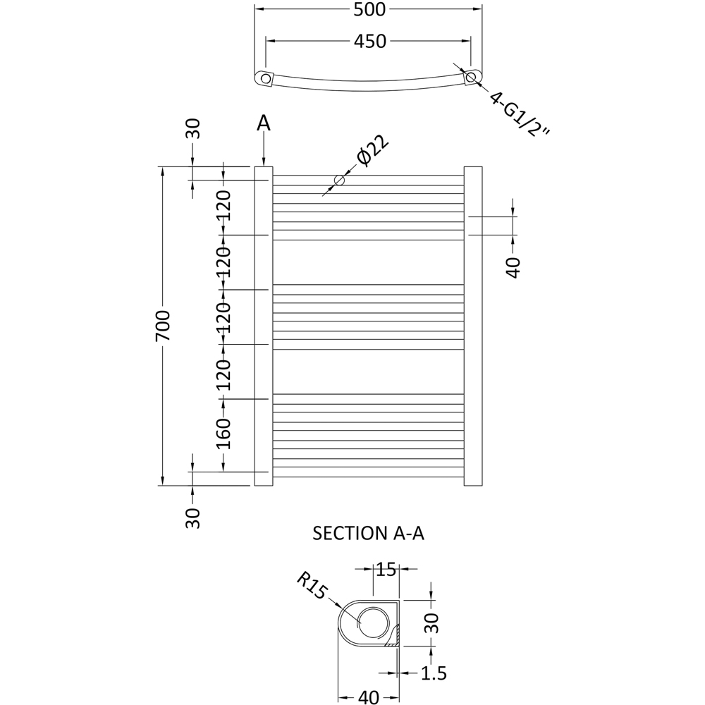 nuie Chrome Curved Ladder Rail 500 x 700mm Image 2