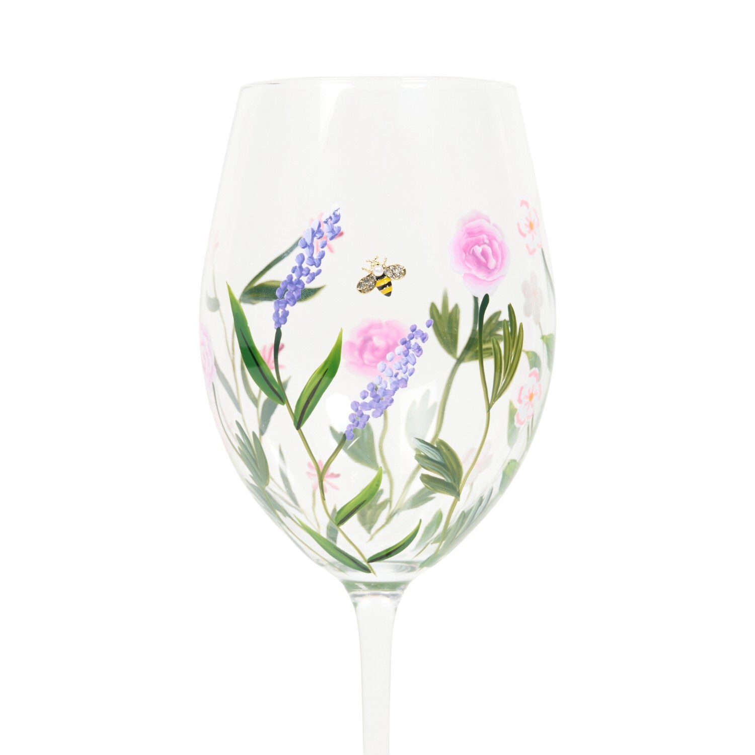 Hand Painted Flowers and Bees Wine Glass Image 3