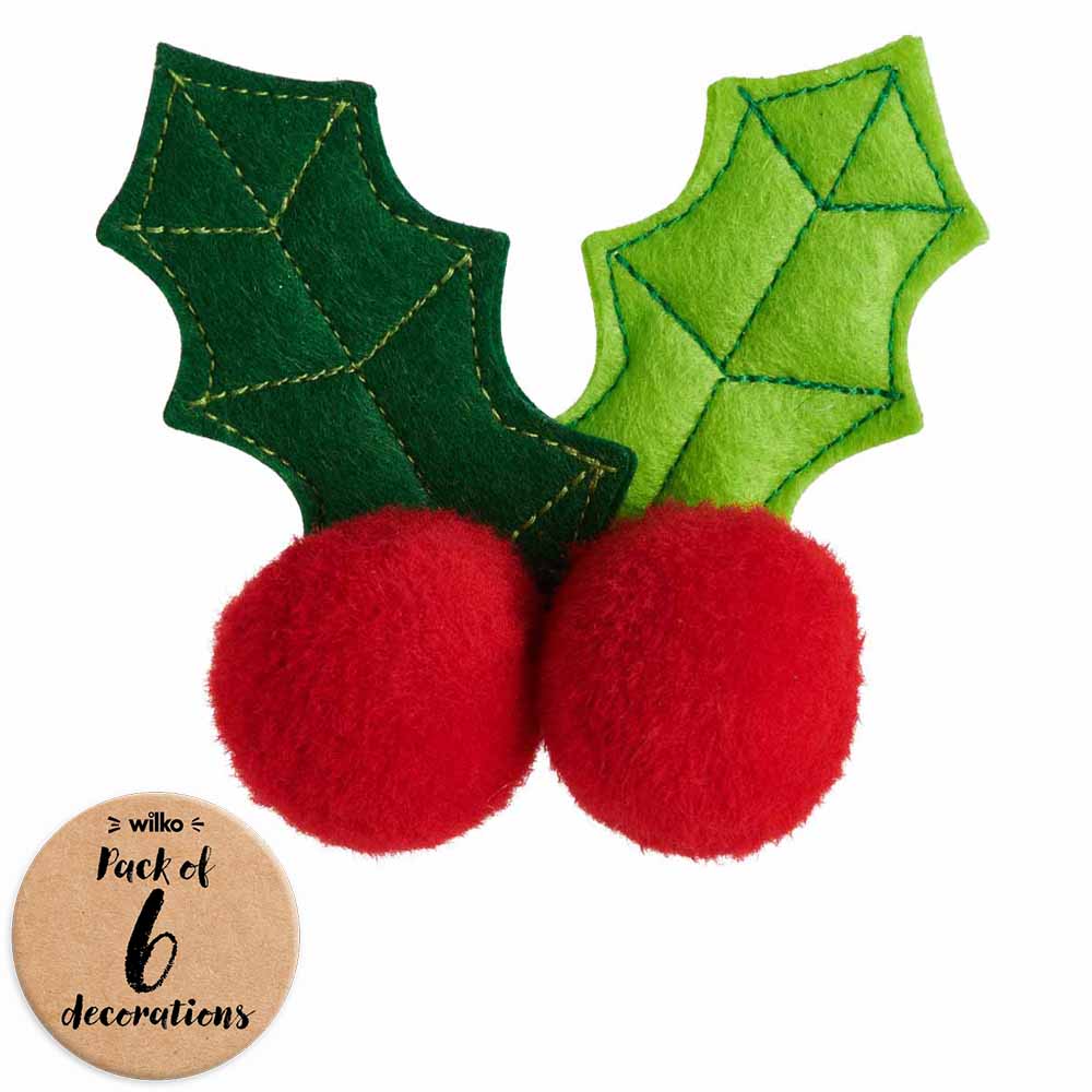 Wilko Merry Felt Holly Leaf and Pom Pom Berry Clip Christmas Baubles 6 Pack Image 1