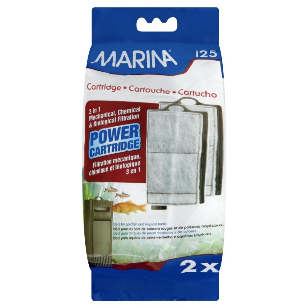 Marina i25 Replacement Cartridge  - wilko Save your aqua friends from any dirt particles with the Marina i25 replacement power cartridge. It is made specifically to fit inside the Marina i25 internal filter. As water flows from the two-chambered cartridge, it first passes through the zeolite chamber, removing all the toxic ammonia. The water then enters the activated carbon chamber, where pollutants and odours are removed. It further enters the floss layer, which traps dirt and debris, resulting in crystal clear water. For best results, replace it every four weeks. This package contains two power cartridges.