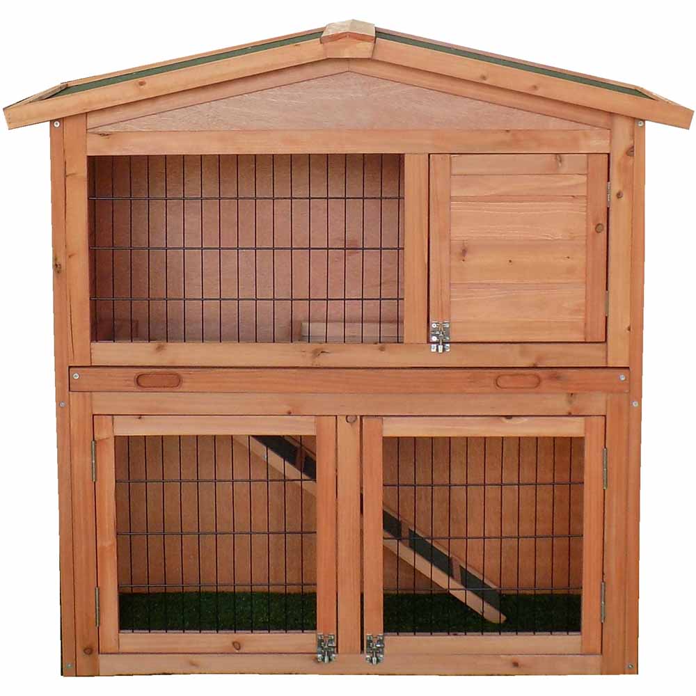 Charles Bentley Natural Wood Two Storey Pet Hutch with Play Area Image 1