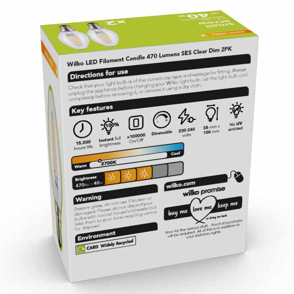 Wilko 2 pack Small Screw E14/SES 470lm LED Filament Candle Light Bulb