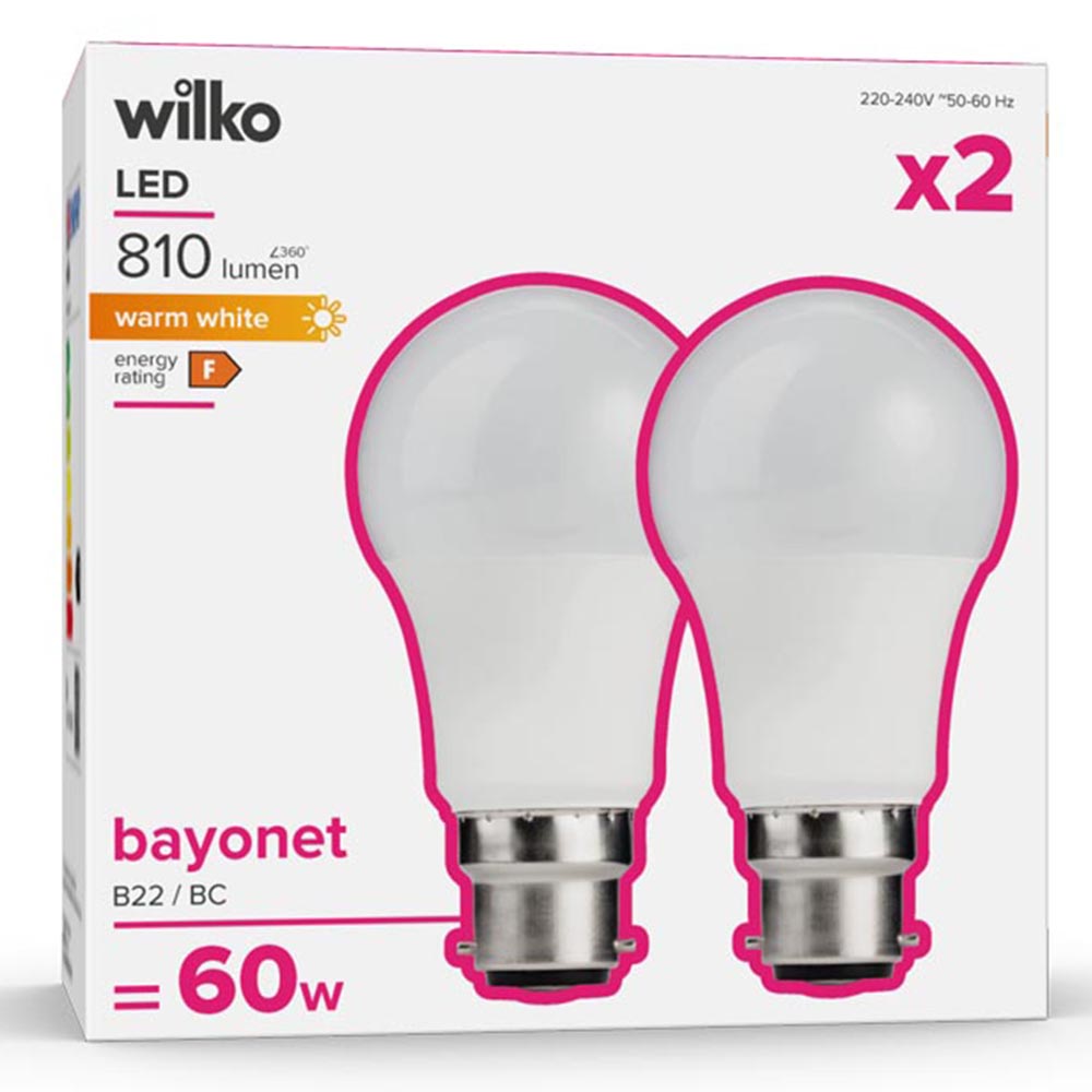 Wilko 2 pack Bayonet B22/BC 810lm LED Standard Light Bulb Non Dimmable Image 1