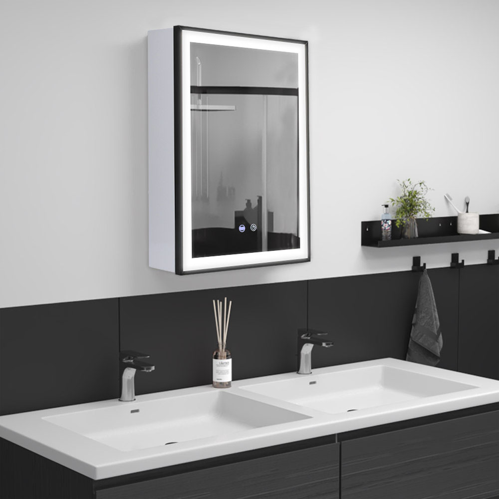 Living and Home White Black Framed LED Mirror Bathroom Cabinet Image 7