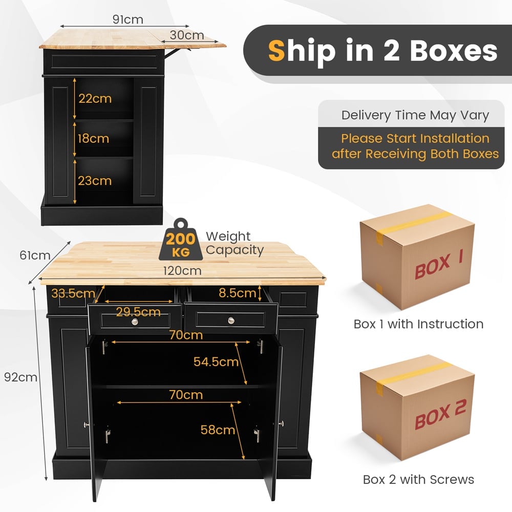 Costway Black Extendable Worktop Drop Leaf Kitchen Island with Adjustable Shelf Image 9