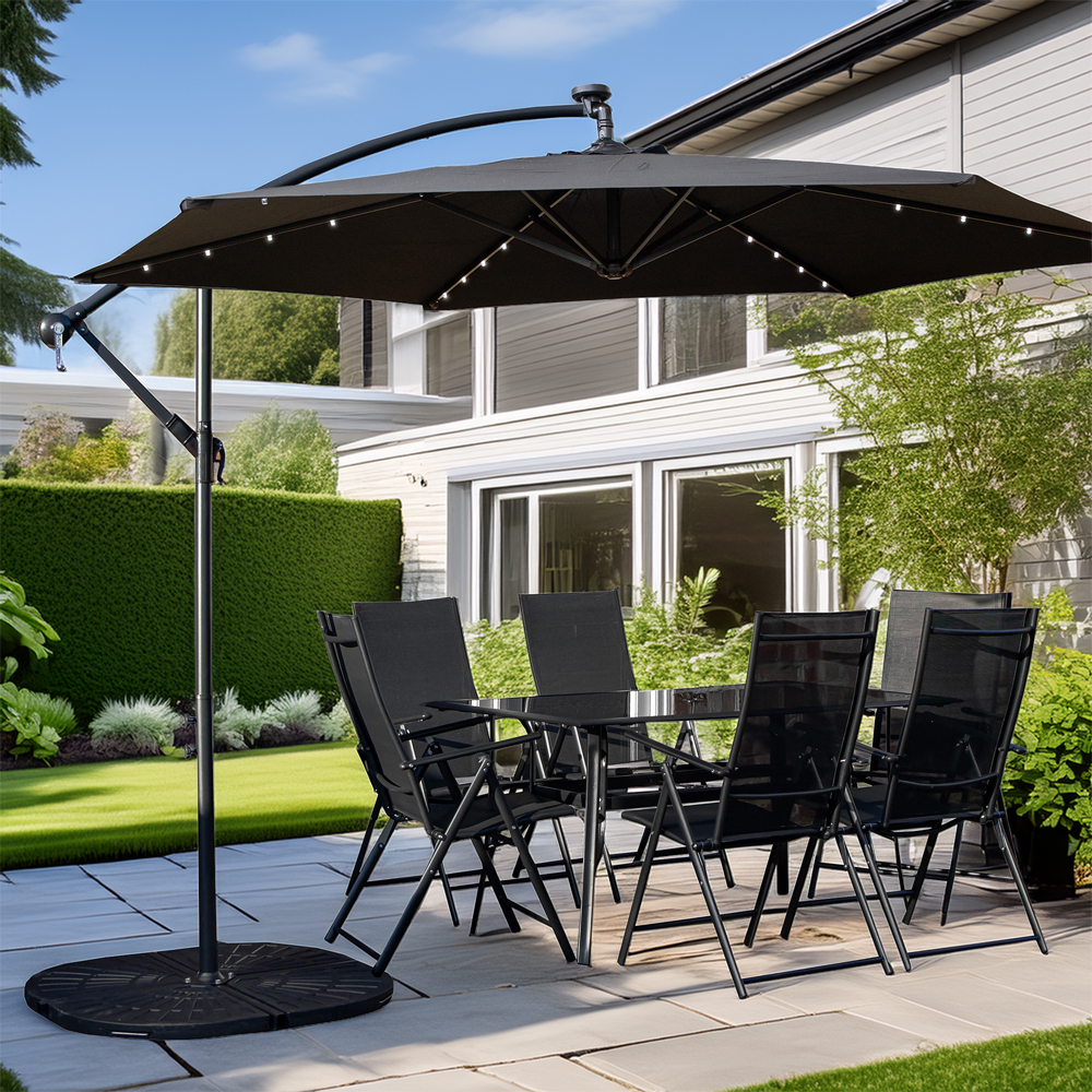 Samuel Alexander 6 Seater Glass Top Outdoor Dining Set with Black Banana Lit Parasol and Base Image 1