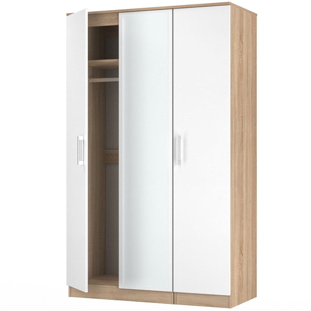 Crowndale Devon 3 Door Matt White and Bardolino Oak Mirrored Wardrobe Ready Assembled Image 6