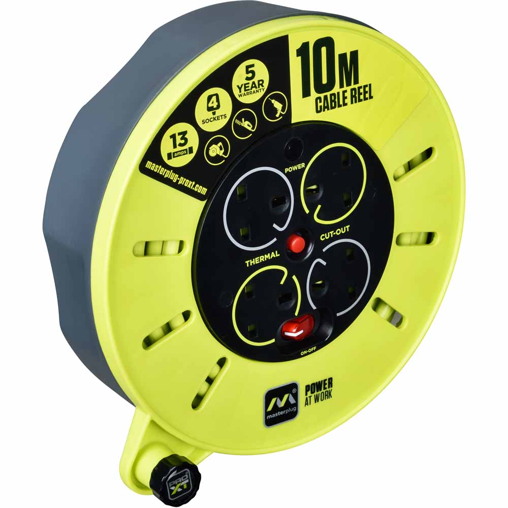 Masterplug 30ft Cassette Cord Reel, Retractable Extension Lead With Winding Handle, Safety Overload Circuit Breaker And Power Switch, 4x Grounded Outlets, 10amps, 16AWG Cable