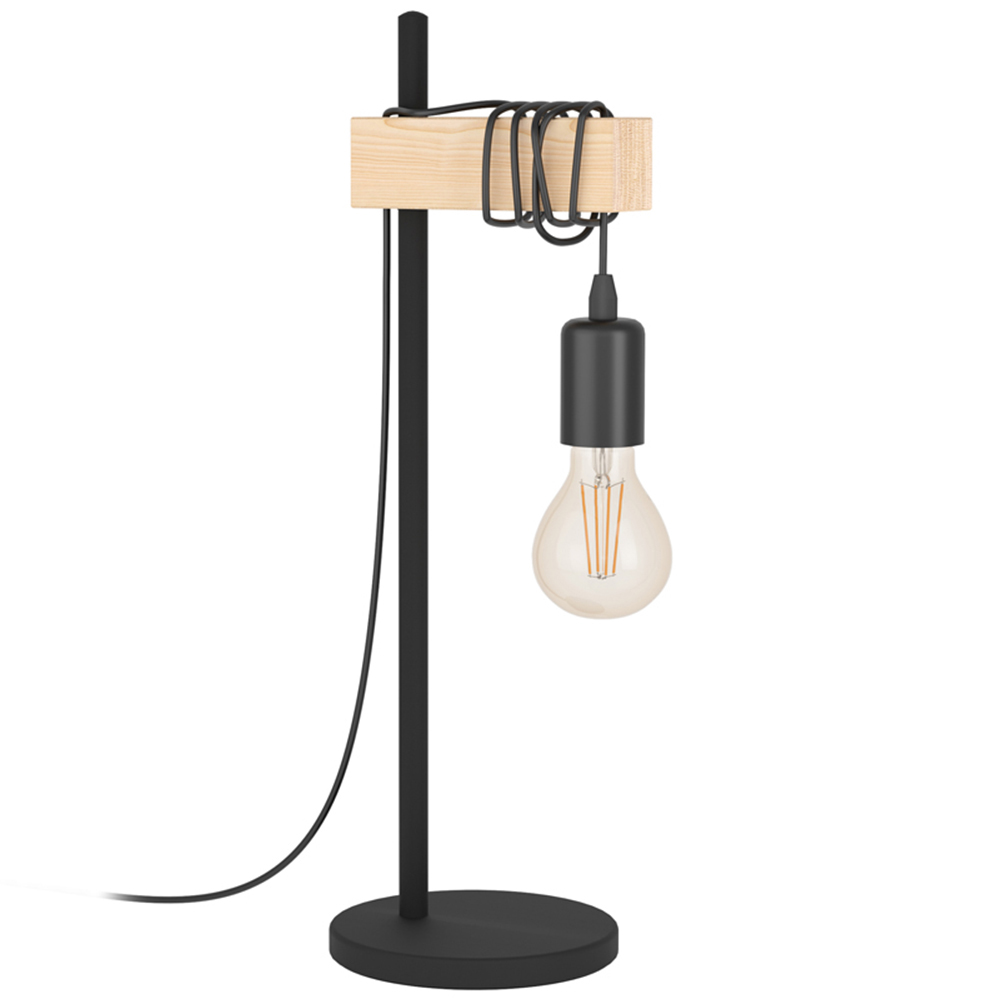 EGLO Townshend Single Light Black and Wood Effect Industrial Table Lamp with Exposed Bulb Image 1
