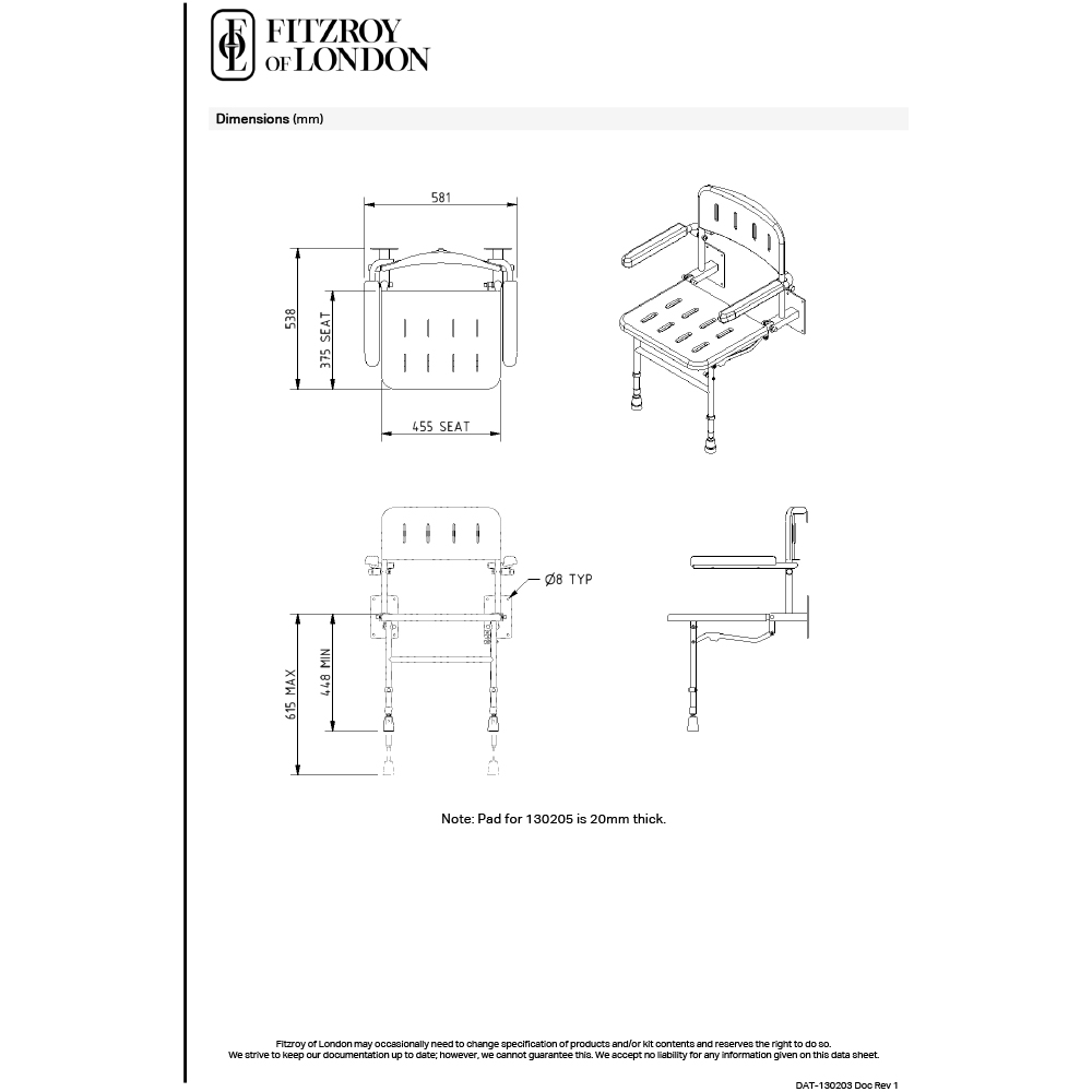 Fitzroy of London White Wall Mounted Shower Seat with Arms and Legs Image 3