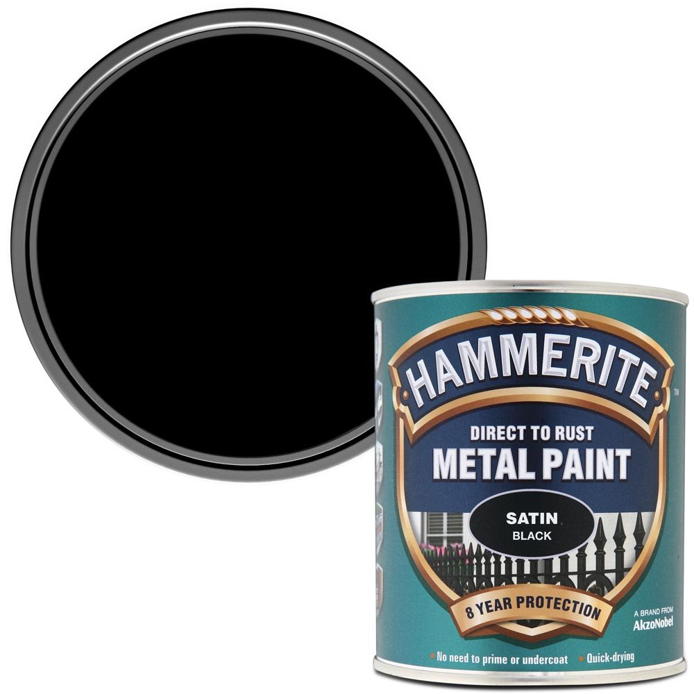Hammerite Satin Black Direct to Rust Metal Exterior Paint 750ml  - wilko Hammerite Direct to Rust Metal Paint is specially formulated to perform as a primer, undercoat and topcoat. Should be applied directly to  rust and will  stop it from recurring. Specially formulated to perform as a primer, undercoat and topcoat in one. Use direct to rust. Solvent  based paint.  High VOC  content. WARNING Flammable. Harmful to aquatic organisms. Keep out of reach children. Always read  instructions. Coverage up to 5 square metre. Hammerite Satin Black Direct to Rust Metal Exterior Paint 750ml