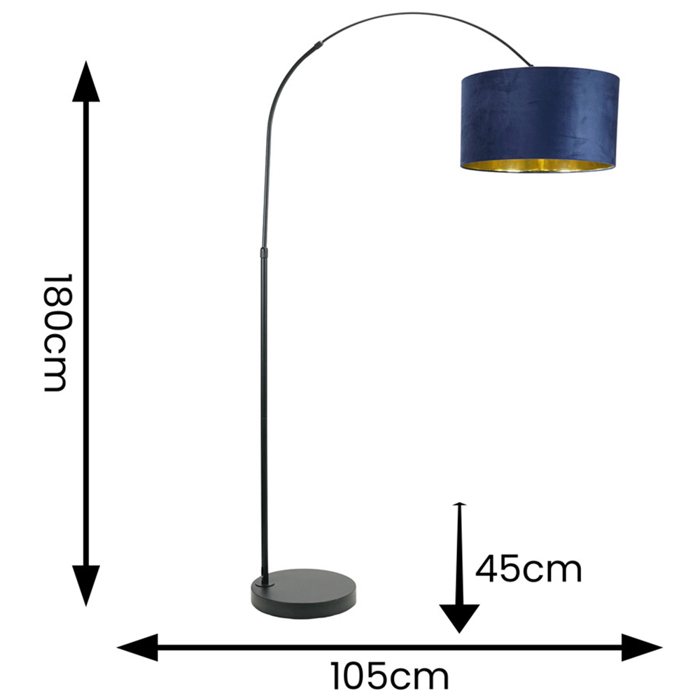 ValueLights Louis Black Arched LED Floor Lamp with Navy Blue and Gold Velvet Drum Lamp Shade Image 4