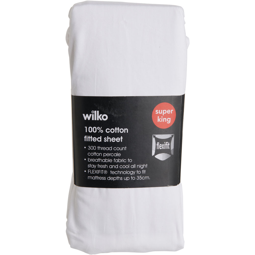 Wilko Best White 300 Thread Count Super King Percale Fitted Sheet Image 2