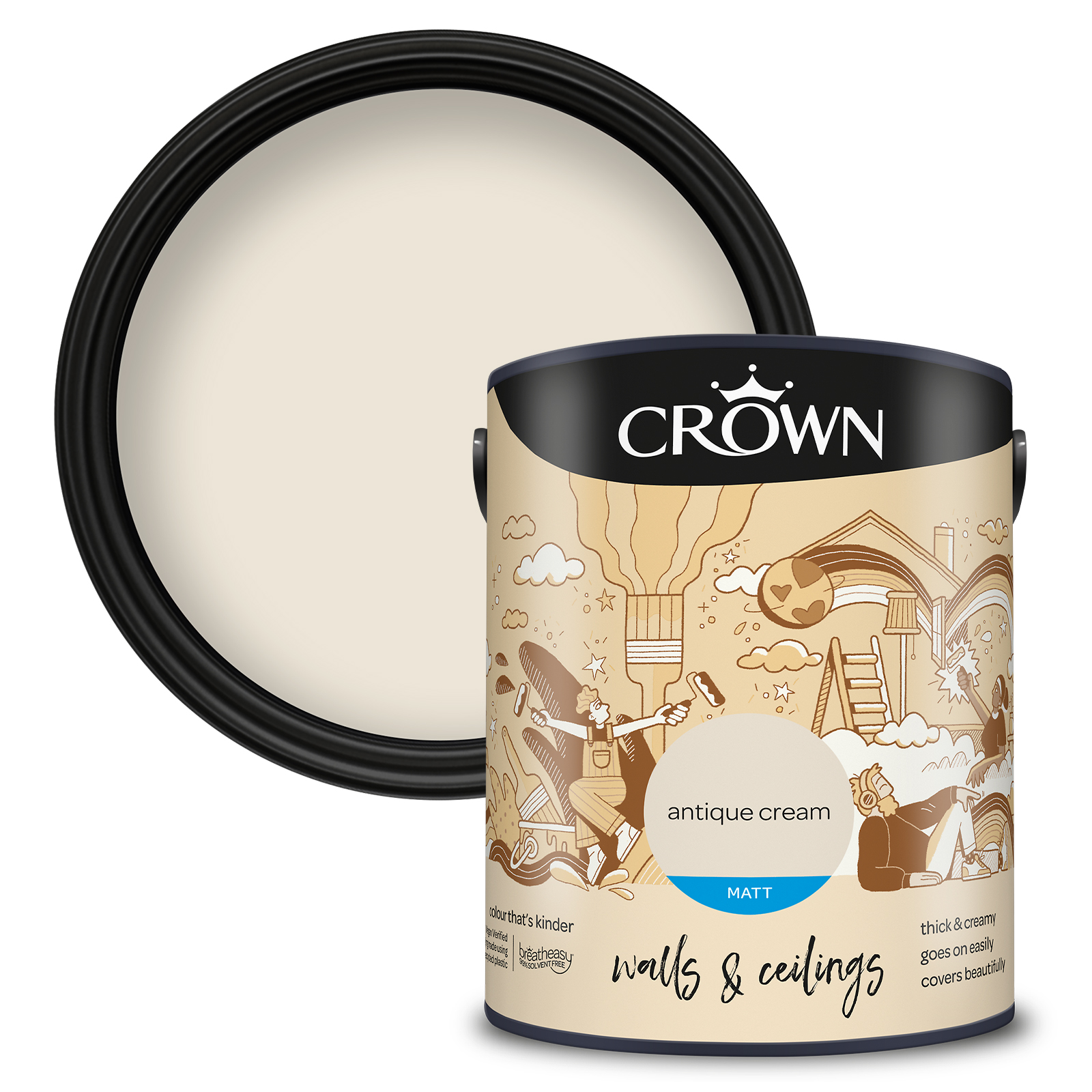 Crown Breatheasy Walls & Ceilings Antique Cream Matt Emulsion Paint 5L Image 1