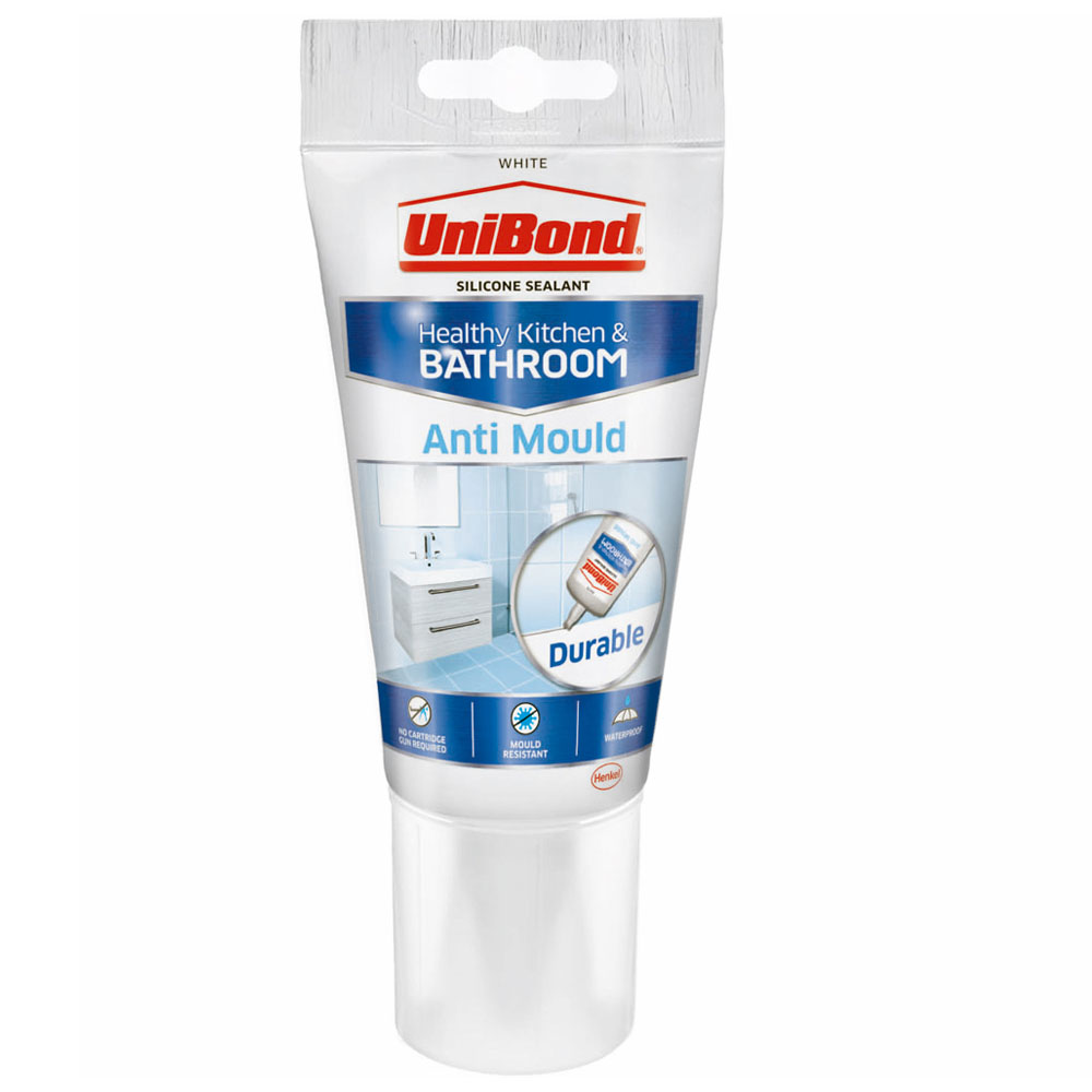 UniBond Anti-Mould White Kitchen and Bathroom Sealant 150ml  - wilko Protect your bathroom and kitchen from moulds with the powerful Unibond Anti-Mould White Kitchen and Bathroom Sealant 150ml! This high-quality and long-lasting joint filler is specially formulated to function in humid environments such as kitchens and bathrooms. Waterproof and flexible, it is recommended for use as a kitchen sink sealant, worktop sealant or toilet sealant. Formulated with silicone acetoxy technology, this joint sealant provides long-lasting sanitary seals with high adhesion. The cartridge design ensures precise application. Waste no time with sealing jobs – the long-lasting sanitary silicone is touch-dry within just 20 minutes and fully dry in 24 hours. How to use: The sanitary sealant is simple and effective. To apply, first ensure that any existing sealant is removed and surfaces are clean and dry. Simply cut the tip off the cartridge above the screw thread. Then, remove the nozzle cap and trim the nozzle at an angle of 45° to the desired joint width. Lastly, screw the nozzle onto the cartridge and insert the cartridge into the gun. Apply by pulling the trigger. To maintain a mould-free finish, it is recommended to regularly clean the sealant of any soap or residue. Product benefits at a glance: Forms a permanently flexible, waterproof, and mould-resistant sealant to prevent mould growth. Specially formulated for use in warm, humid environments (e.g. bathrooms and kitchens). Long-lasting sanitary sealant with high adhesion. Touch-dry in 20 mins, fully dry in 24 hours. Colour: White.