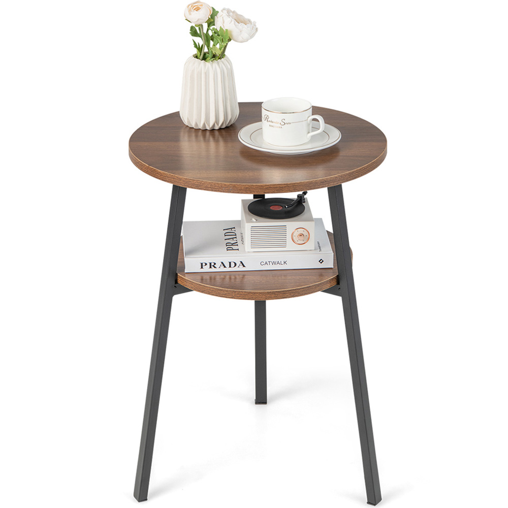 Costway Single Shelf Walnut Round End Table Set of 2 Image 2