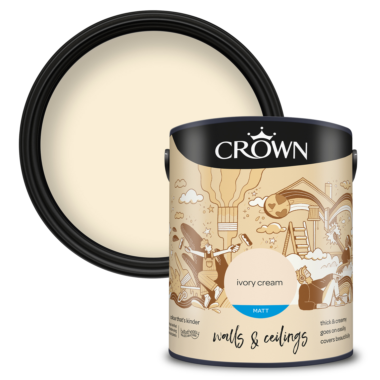Crown Breatheasy Walls & Ceilings Ivory Cream Matt Emulsion Paint 5L Image 1