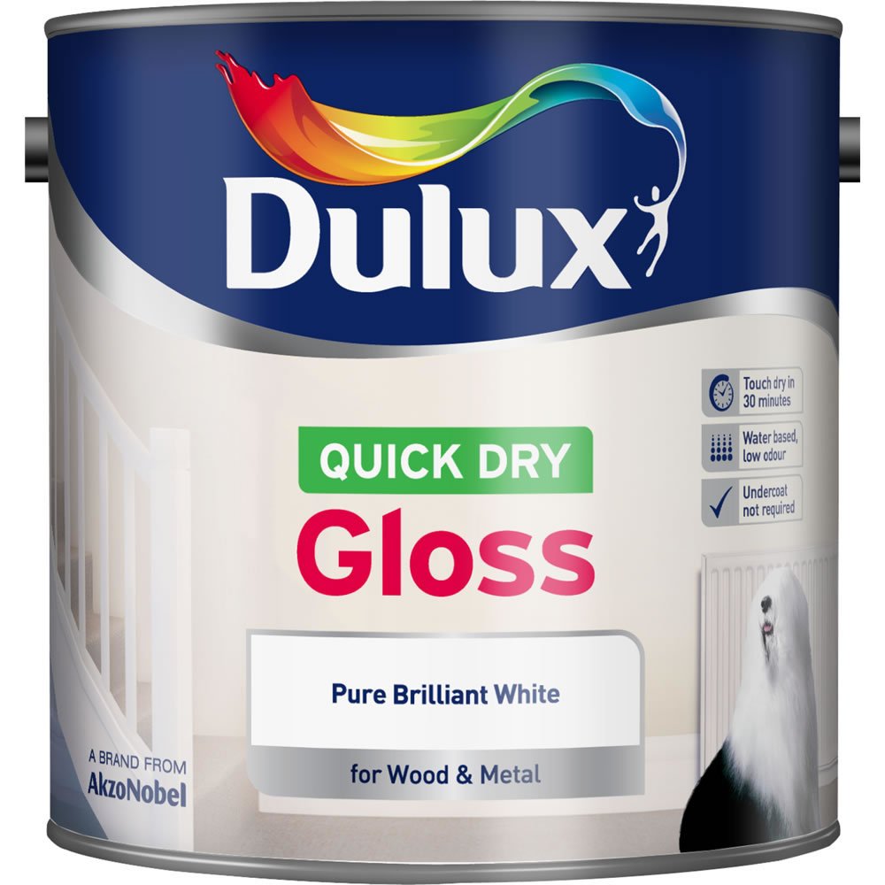 Dulux Quick Dry Wood and Metal Pure Brilliant White Gloss Paint 2.5L Image 2